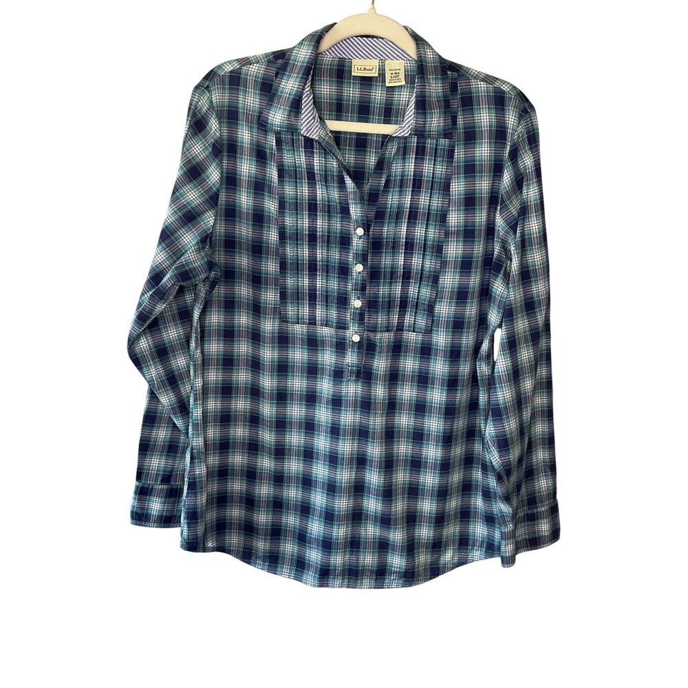 LL Bean Womens Plaid Cotton Tunic Top Blue Green Pleated Bib M-REG 0JQA7